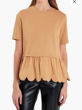 English Factory Mixed Media Scallop Peplum Cotton Top – Tan – Size M